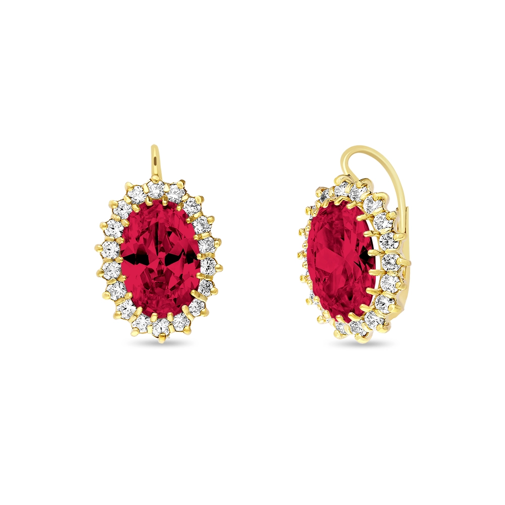 Zlaté náušnice s rubínom a so zirkónmi