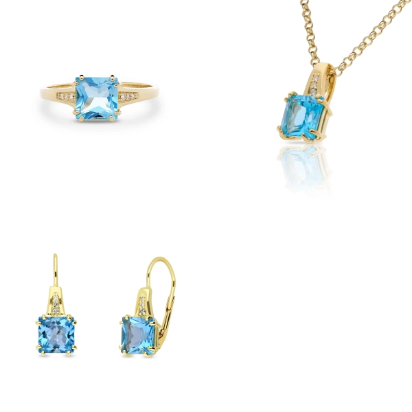 Súprava zlatých šperkov Evelyne - diamant, modrý topás